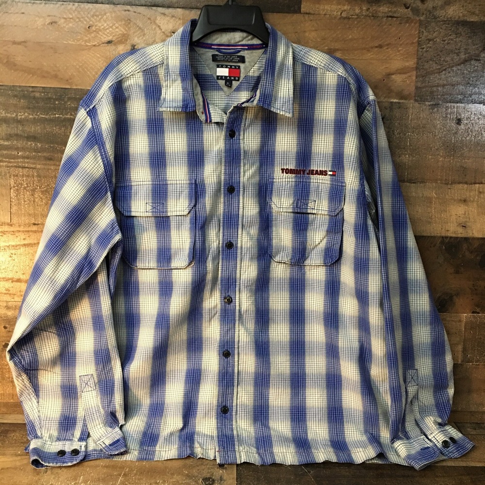 VTG Tommy Jeans Plaid Button Down Shirt Men XL Embroidered Y2K Preppy Cabincore
